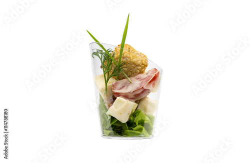 Mini Canape with meat and vegetables in plastic cups