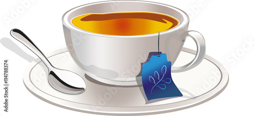 Hot tea in a Tea cup with silver spoon. Vector