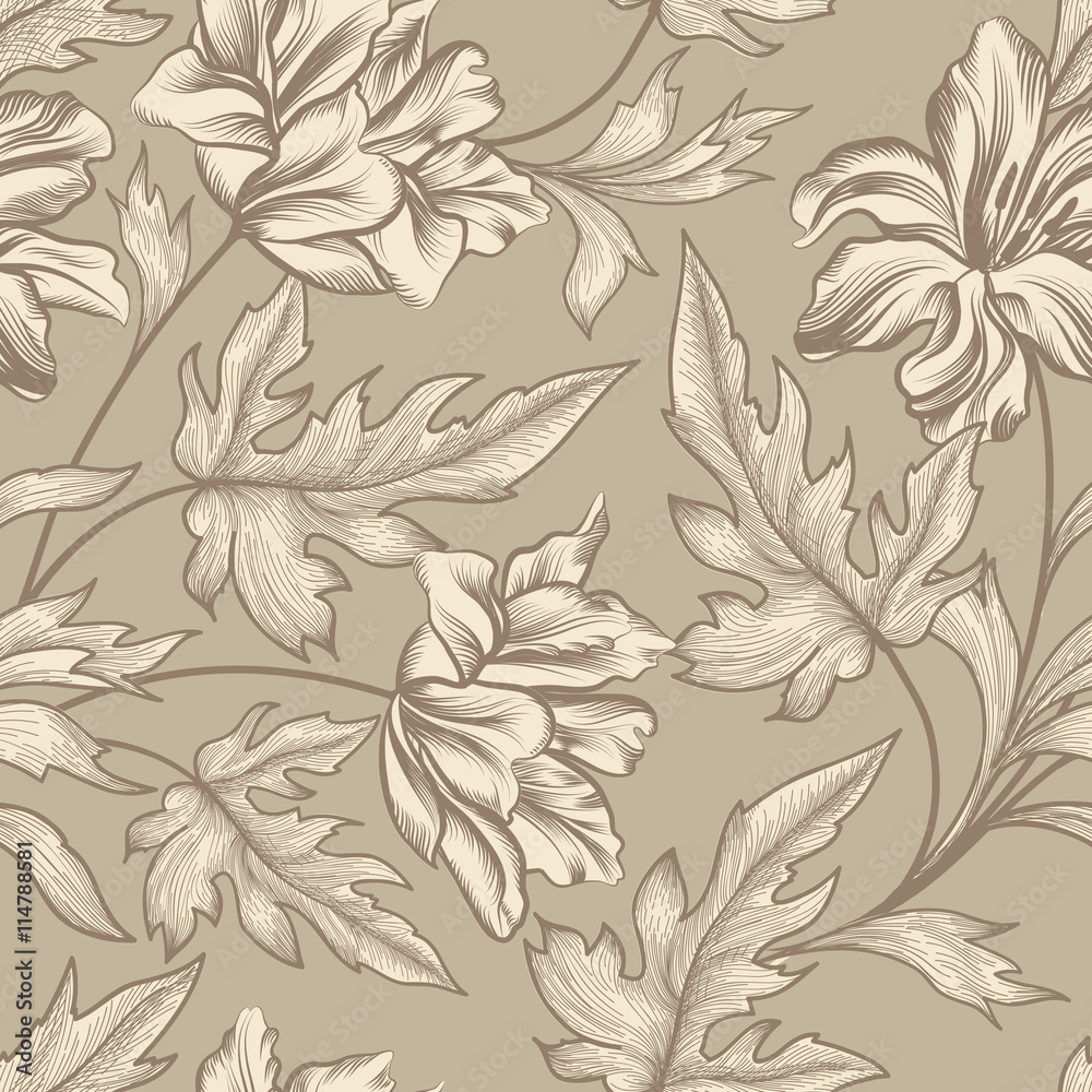 Fototapeta premium Floral seamless pattern. Flower background. Floral seamless engraving textured pattern