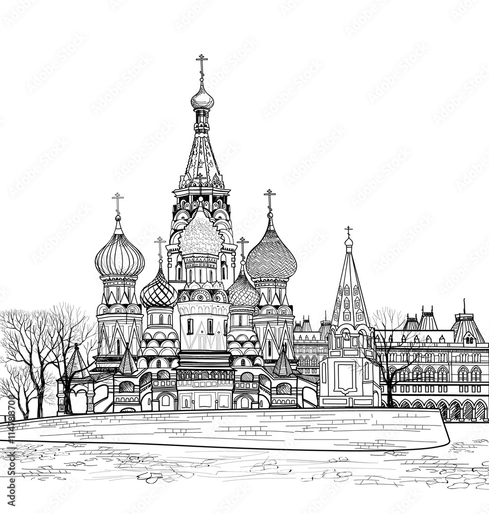 St Basil cathedral, towers and wall cityscape Russian famous place. Kremlin city view from Moscow river. Red square view, Moscow, Russia. Travel Russia vector illustration. 