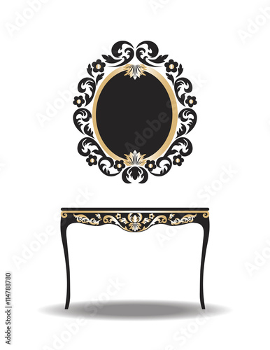 Vintage Baroque Furniture Table and Mirror frame. Vector Elegant Gold ornamented luxury furniture