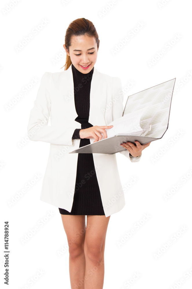 Charming Asian Businesswoman Holding A Folder Smiling At Camera Against On White Background. Charming Asian Businesswoman Holding A Folder Smiling At Camera Against On White Background.