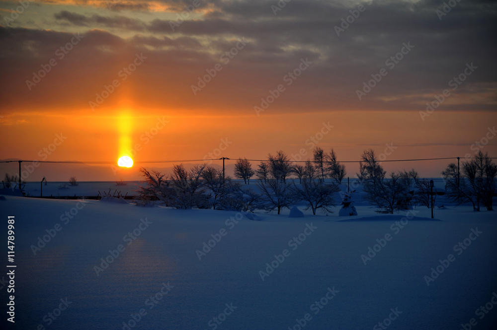 サンピラー（太陽柱）/大雪が止んだ翌朝、朝日が昇ると同時にサンピラーが出現