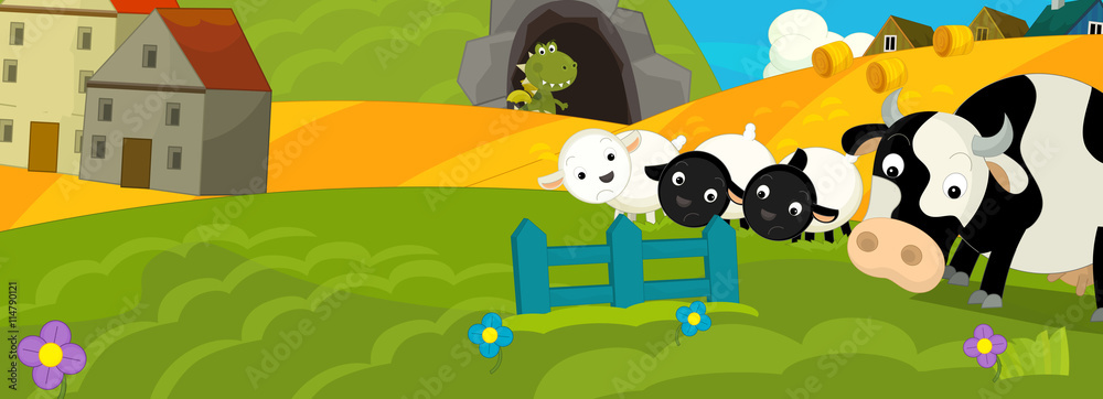Fototapeta premium Cartoon farm scene - farm animals on the stage - for different fairy tales - illustration for children
