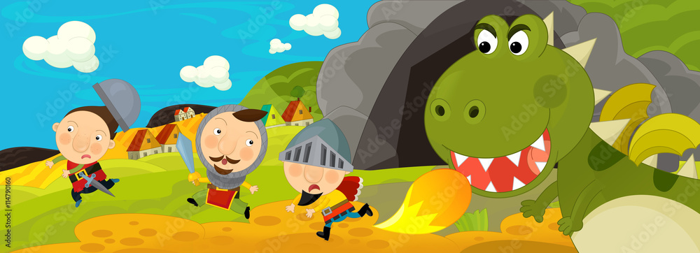 Naklejka premium Cartoon scene - green dragon and the knights - illustration for the children