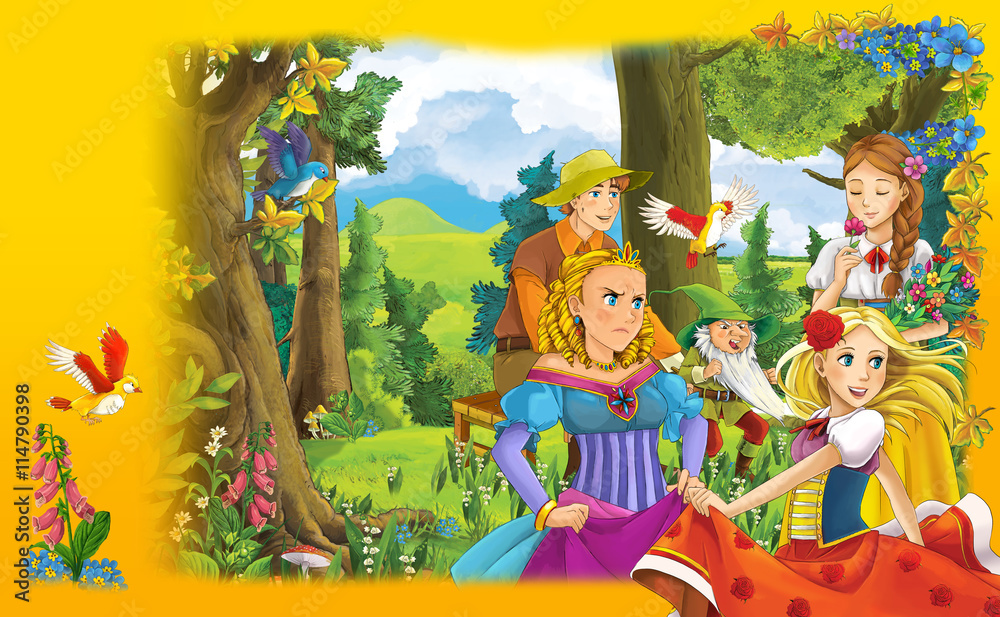 Fototapeta premium Cartoon scene of couple girl in the forest - being happy and dancing - with a boy sitting - manga girls - illustration for children