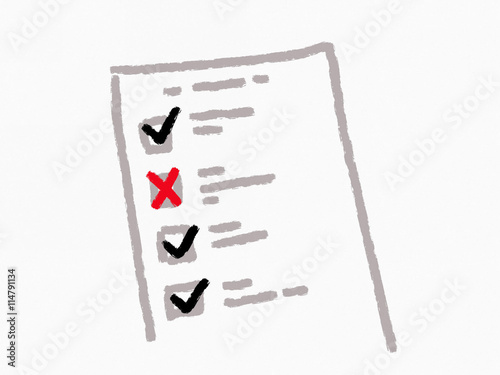 hand drawn risk assessment form survey quiz exam or questionnaire tick off black and red cross, for assess risk and performance collect feedback give grade