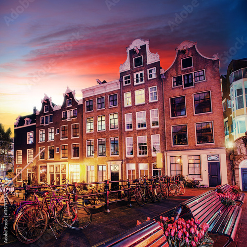 Photography Beautiful calm night view of Amsterdam city.