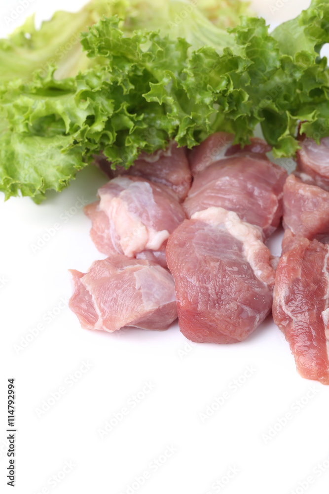 Fresh lamb meat and vegetables isolated on white background