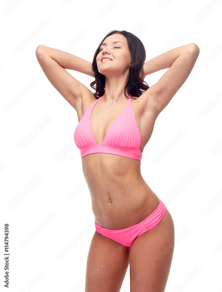 happy young woman in pink bikini swimsuit happy young woman in pink bikini swimsuit