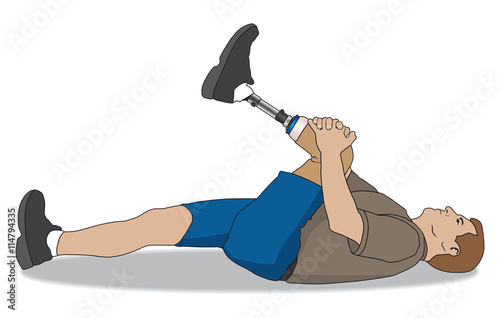 Left leg amputee lying on floor warming up