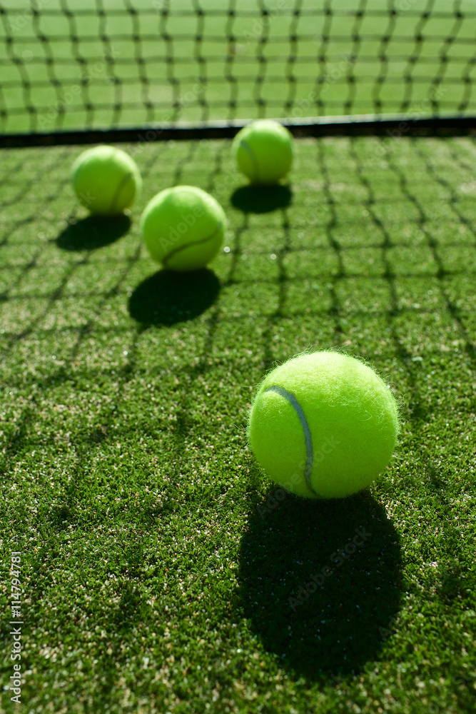 selective focus. tennis ball back light shadow on tennis grass c