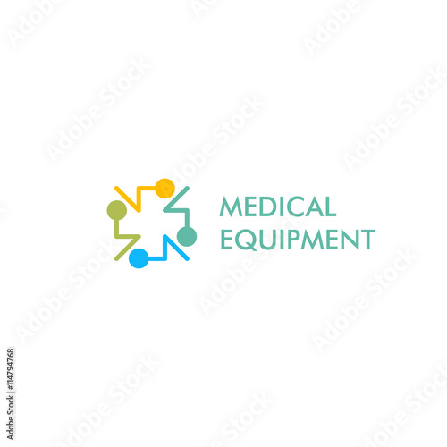 Isolated blue,yellow and green color cross vector logo, Medical equipment sign contour logotype. Hospital symbol on the white background. Religious icon. Arithmetic plus .