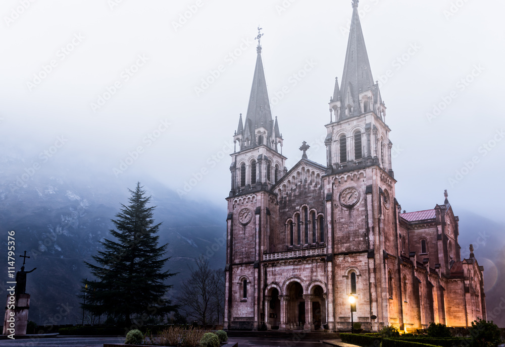 Covadonga sanctuary with fog