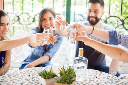 Group of friends making a toast with tequila photo