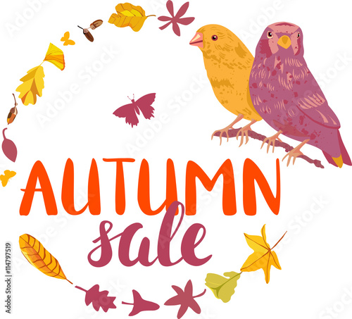 Vector 'Autumn sale' design with lettering, birds, leaves, and b