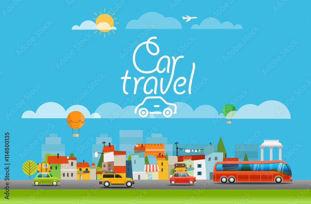 Vacation travelling concept. Vector travel illustration. Car tra