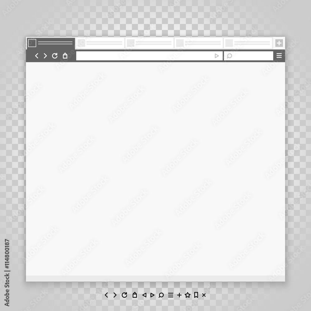 Opened browser window template and different pictograms set. Pas Opened browser window template and different pictograms set. Pas