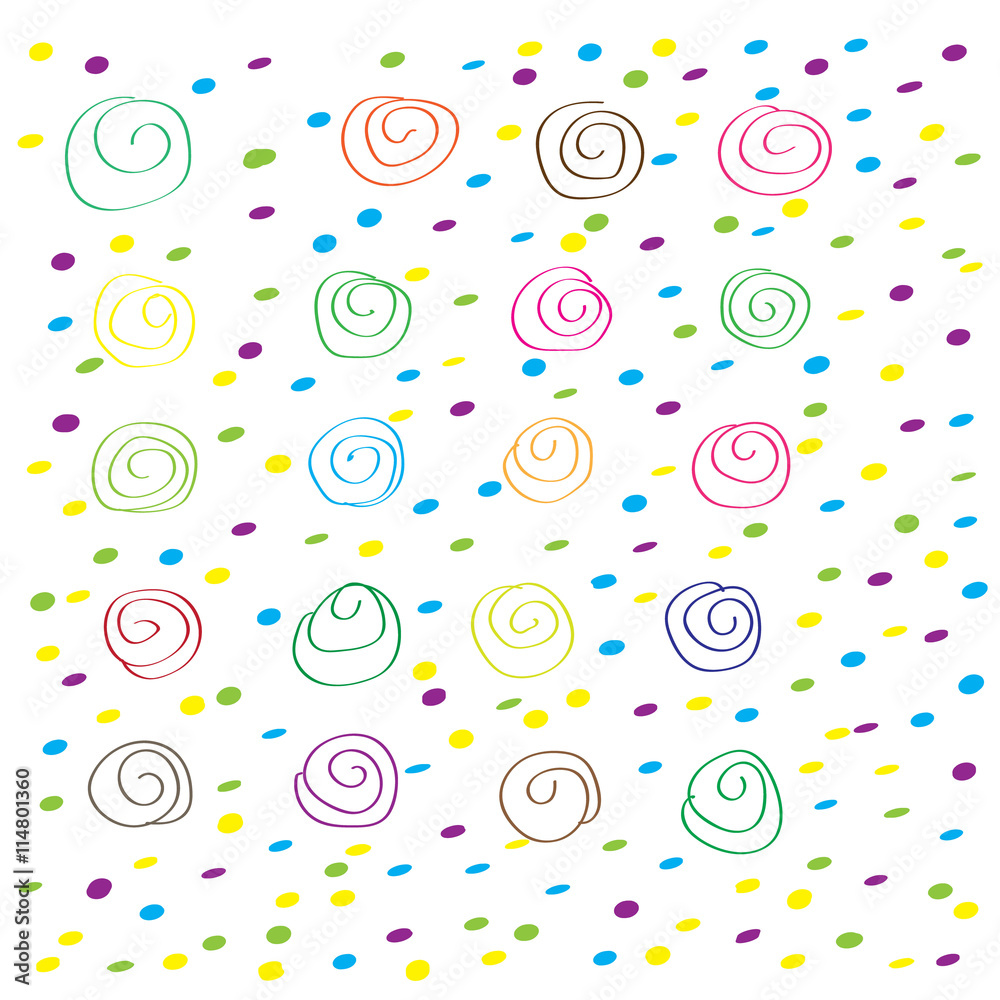 Set of multicolored spirals and dots on white background