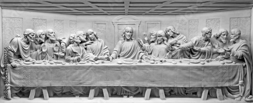ROME, ITALY - MARCH 10, 2016: The Last Supper marble relief on the altar of church Basilica di Santa Maria Ausiliatrice by unknown artist.