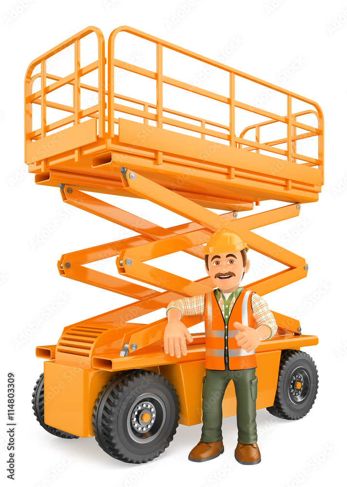 3D Construction worker with a scissor lift Stock Illustration Adobe Stock