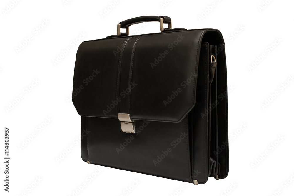 Black leather briefcase. Isolated, white background. Black leather briefcase. Isolated, white background.