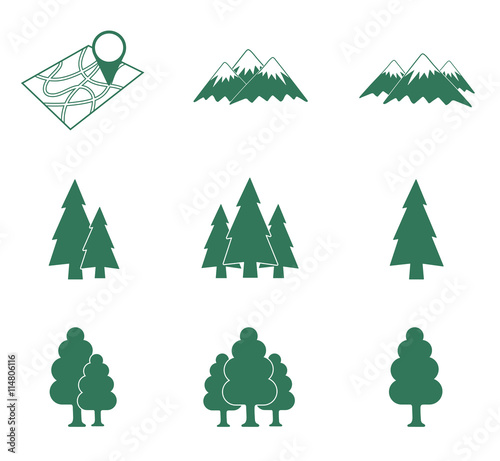 Map with muntain and forest icons set