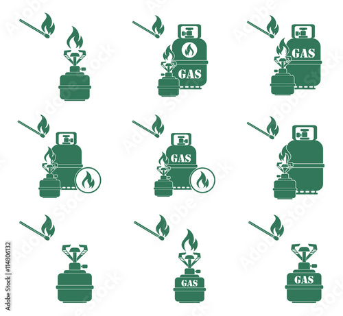 Set of camping stove and gas bottle icons. Vector illustration.
