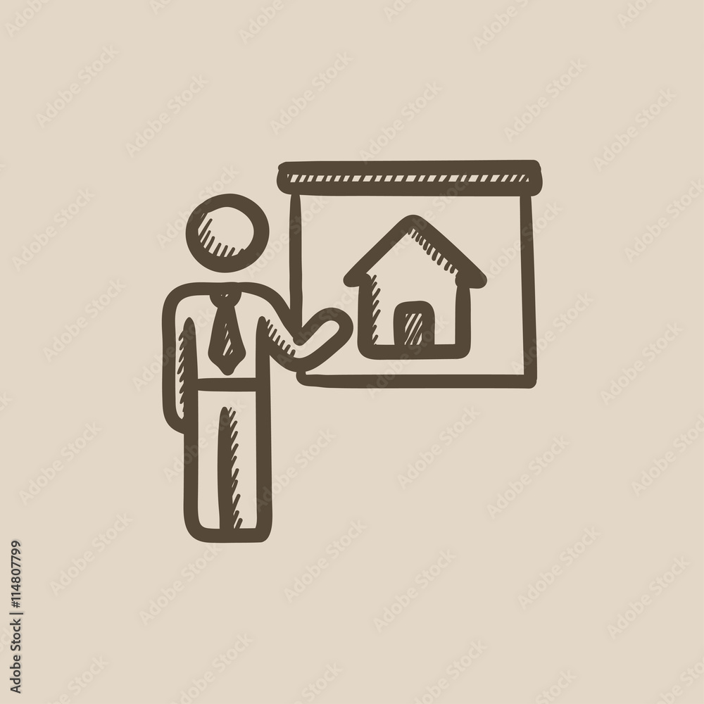 Real estate agent showing house sketch icon.