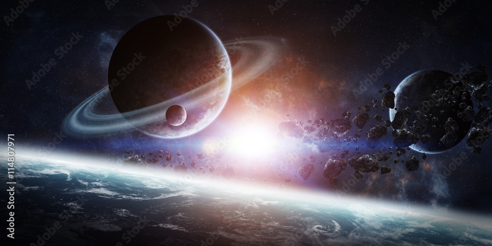 Fototapeta premium Wschód słońca nad grupą planet w przestrzeni