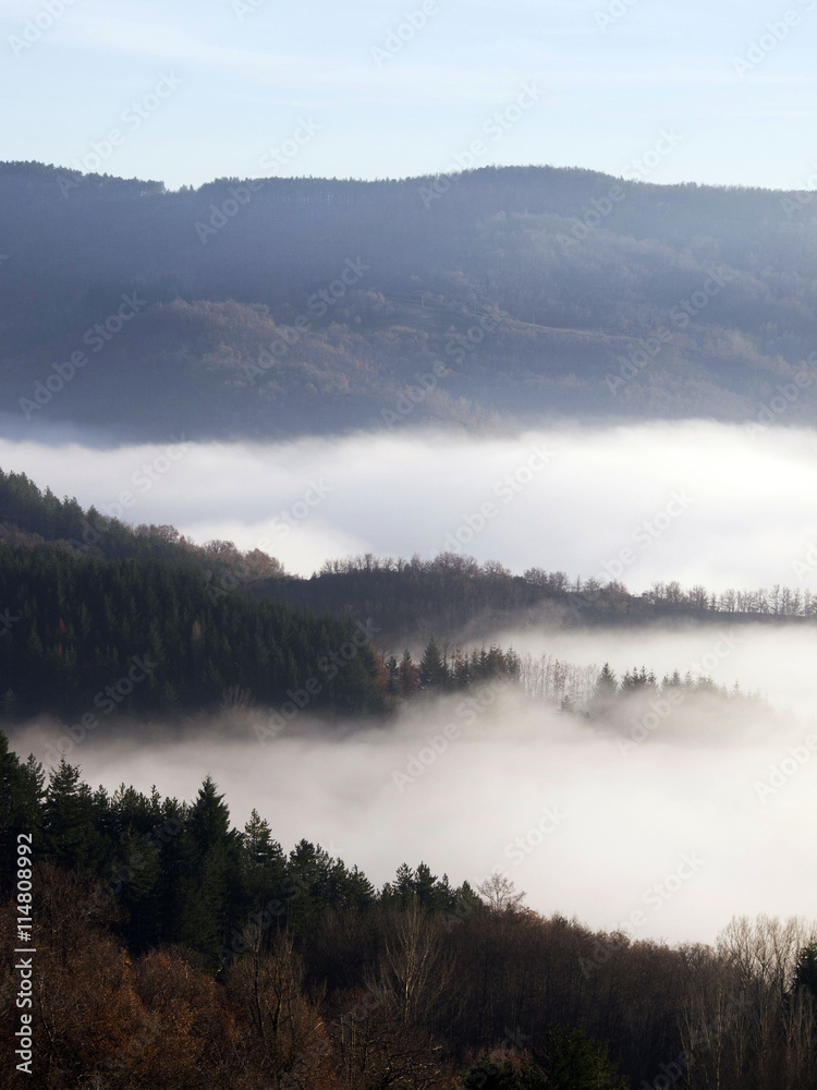 Toscana, la valle del Caentino con nebbia.