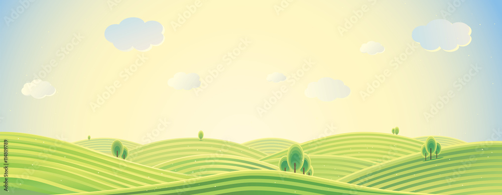 Country summer landscape, panorama view, sunrise over the hill.