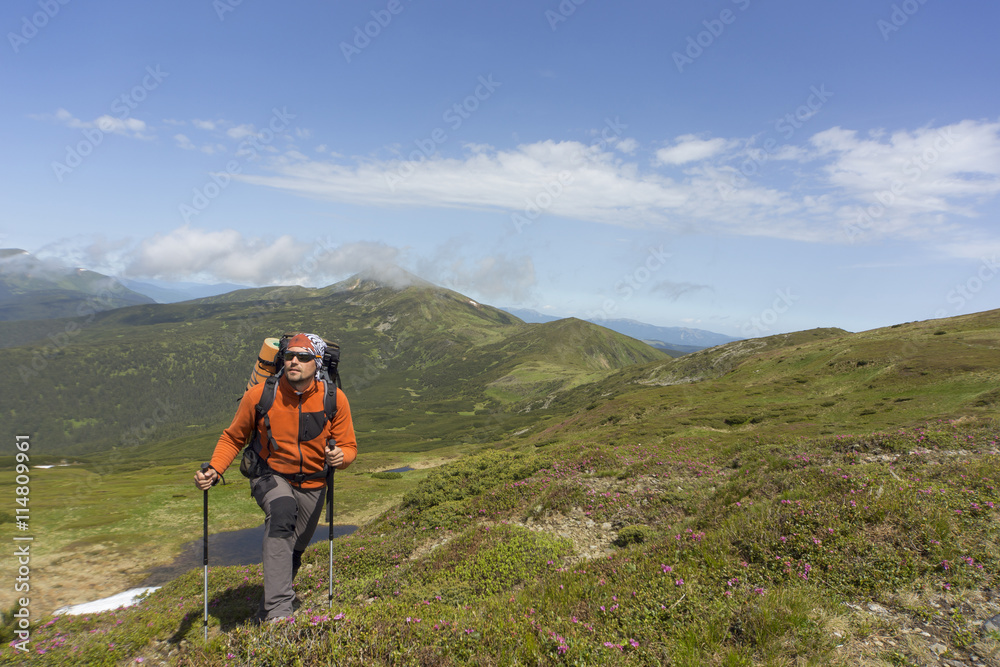 Summer hiking in the mountains with a backpack .