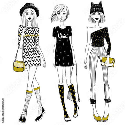 Vector beautiful fashionable girls. Cute girls set. Fashion mode