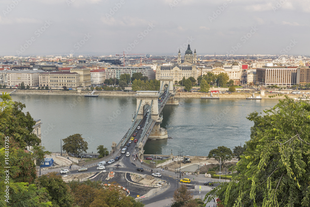 Upper view of Chain Bridge in Hungary, Budapest