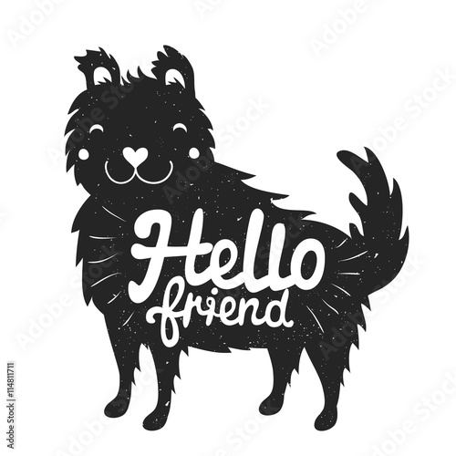 smiley face dog and lettering text - hello friend