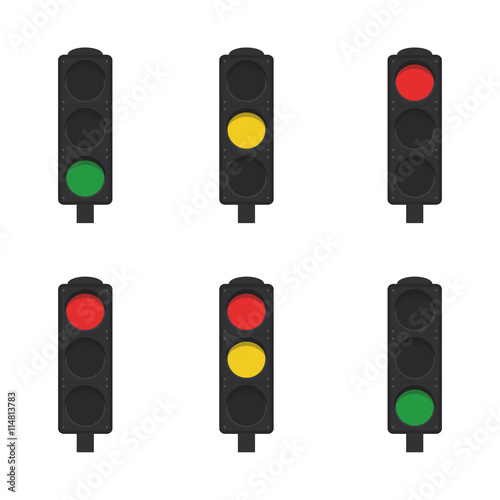 Flat set of traffic lights on white background. Vector illustration.