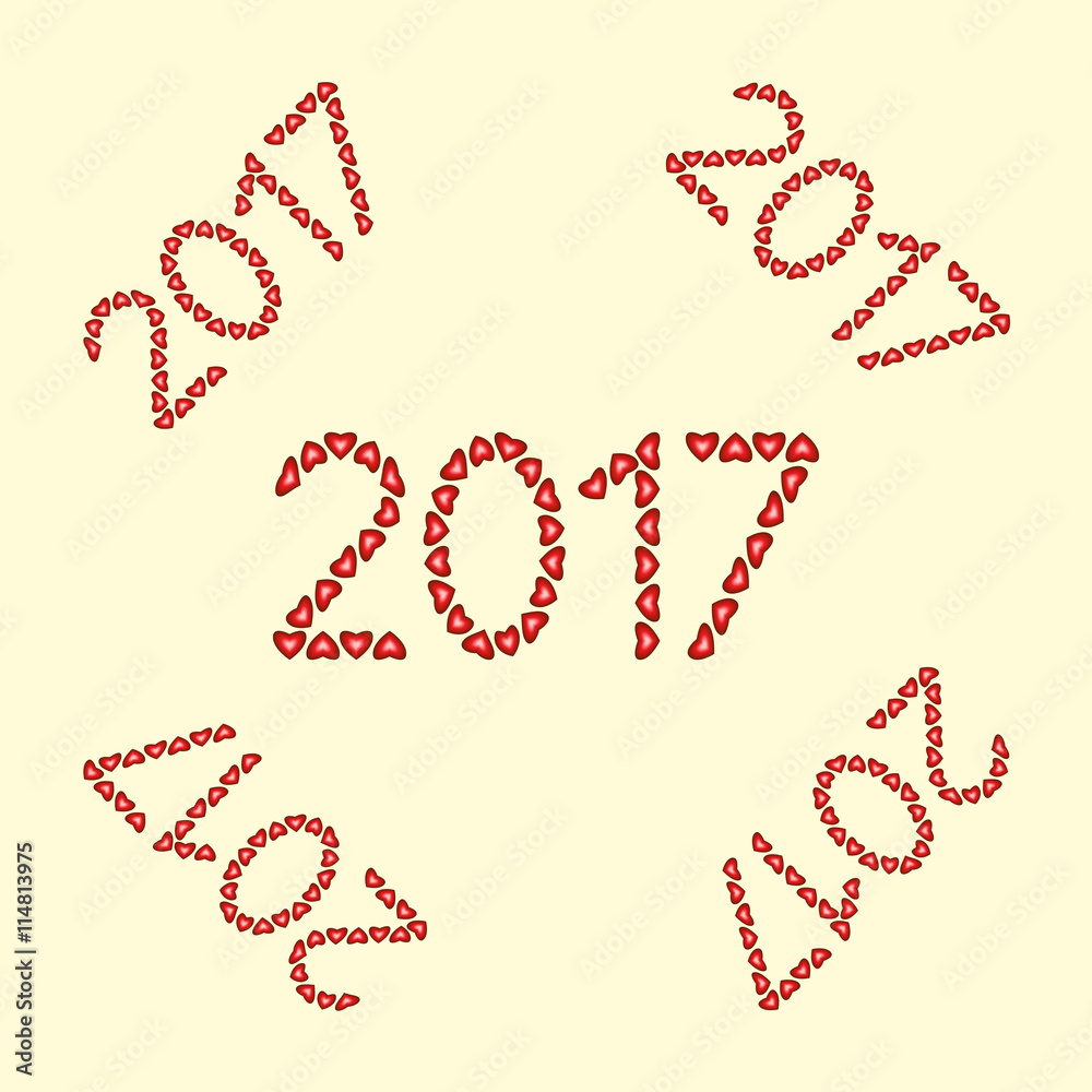 New Year 2017 made from hearts