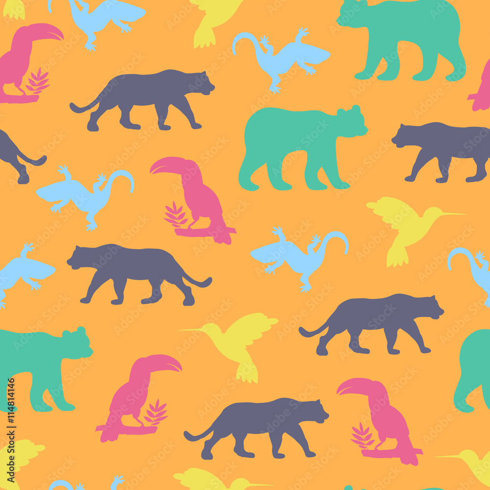 Fototapeta premium Seamless pattern with isolated animals and birds. The bear , jaguar , toucan, lizards , hummingbird. Vector