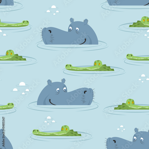 Hippo and crocodile in water seamless pattern. Good hippopotamus
