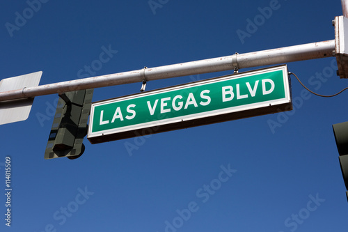 Las Vegas Blvd. road sign hangs from a traffic light pole in Las Vegas, Nevada, USA.