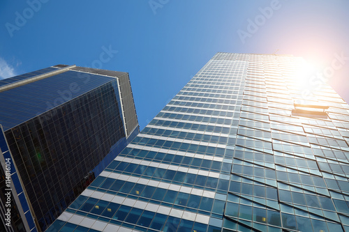 Looking up at skyscrapers in New York City