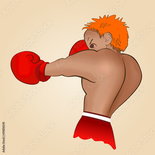 Young boxer trains on a light background.  Colored, isolated vector illustration for emblem, label, badge, flier, leaflet or etc. Square location.