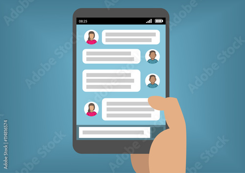 Mobile instant messaging concept with hand holding smart phone or tablet as vector illustration