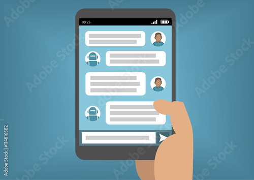 Man communicating with chat bot via instant messenger as an example of artificial intelligence