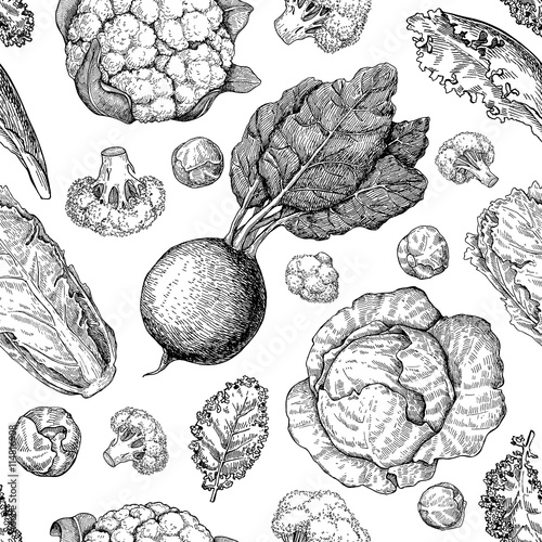 Vegetable drawing seamless vector pattern. Farm market products.