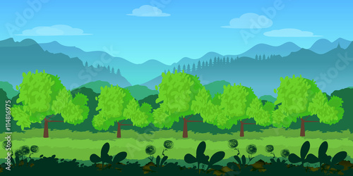 Cute cartoon seamless landscape with separated layers, summer day illustration