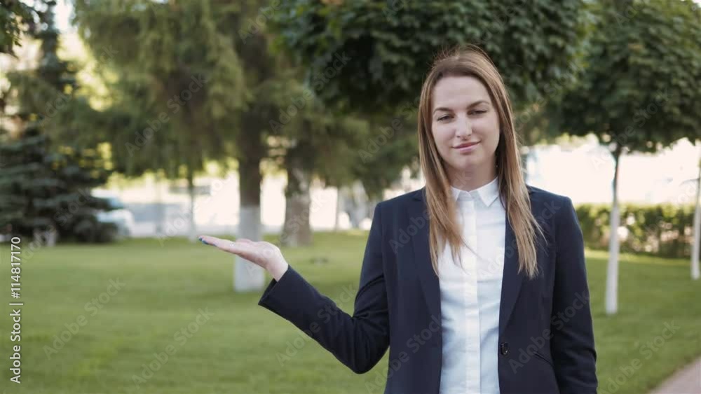 Business Woman Holding With Her Hand Blank Space, Space For Mock Up Business Woman Holding With Her Hand Blank Space, Space For Mock Up