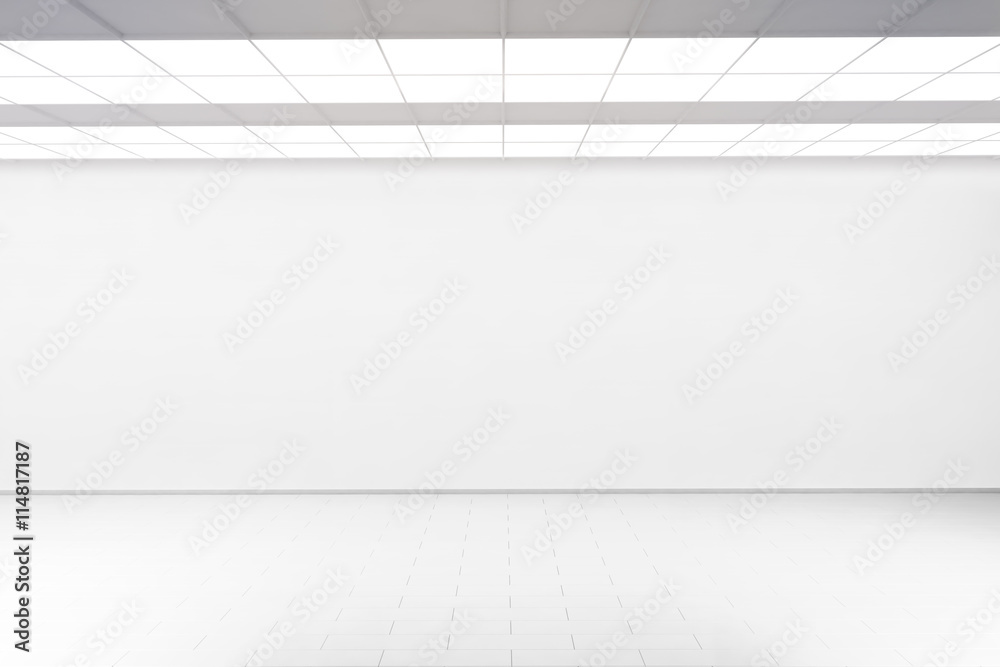 Empty big hall wall mockup, nobody, 3d rendering. Museum gallery with blank wall. White clear mock up lobby. Display artwork presentation. Art design empty floor. Expo studio wall in loft corridor.