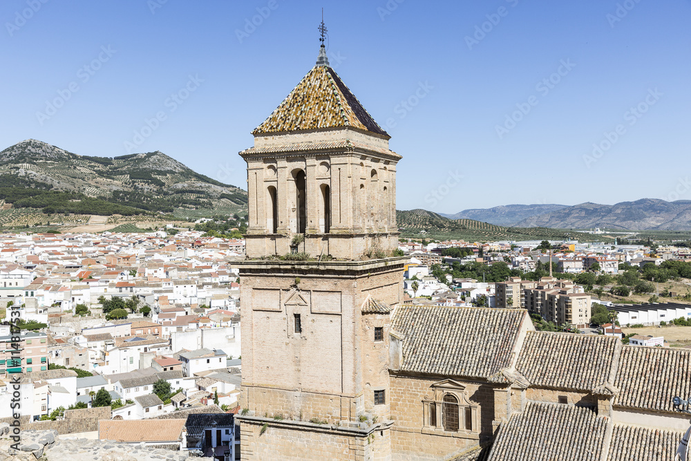Sta Maria church and a view over Alcaudete city, in the province of Jaén, Spain